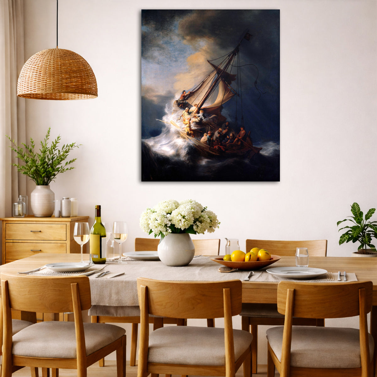 Rembrandt van Rijn - Storm on the Sea of Galilee Giclée canvas wall art displayed in a dining room interior