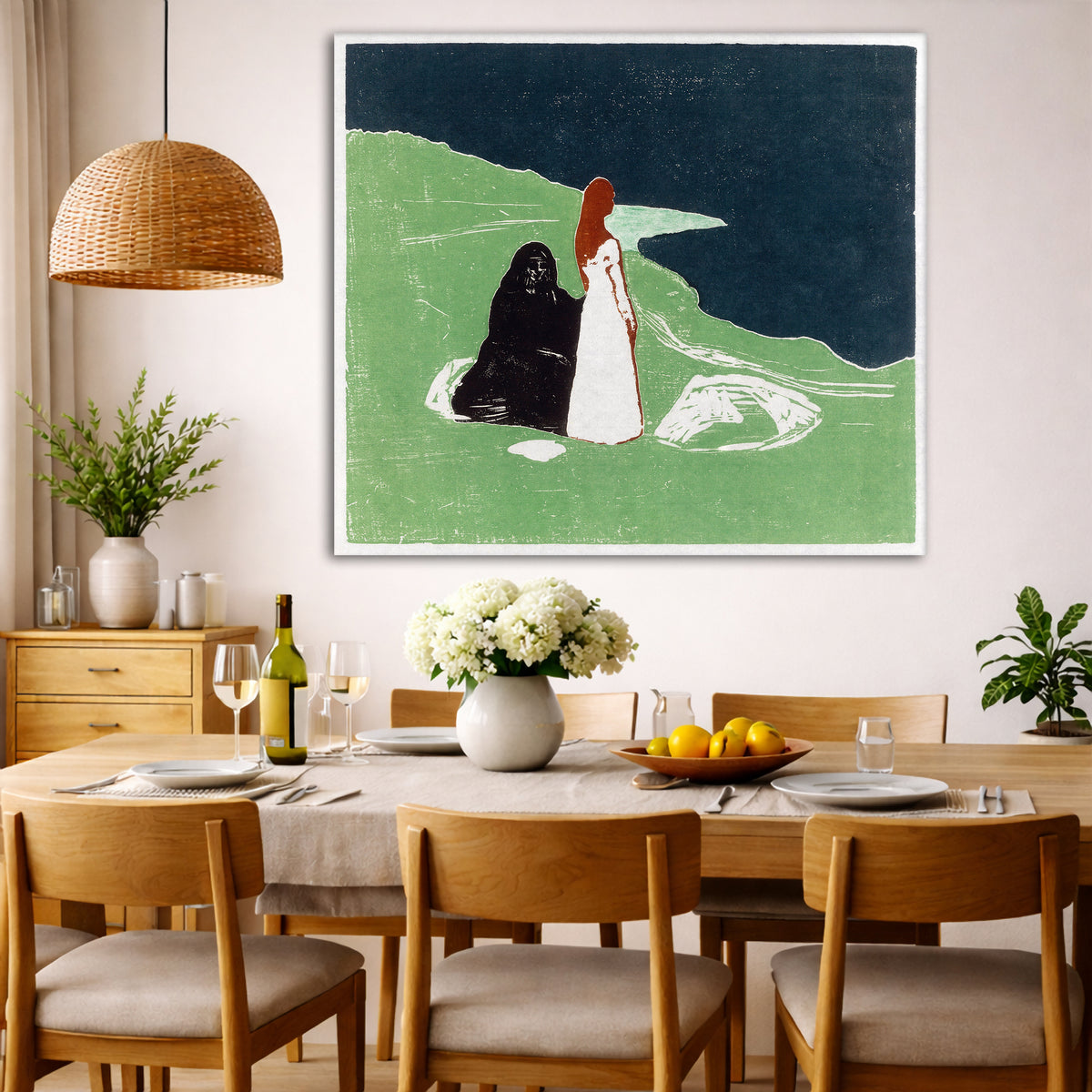 Edvard Munch - Two Women Green Shore Giclée canvas wall art displayed in a dining room interior