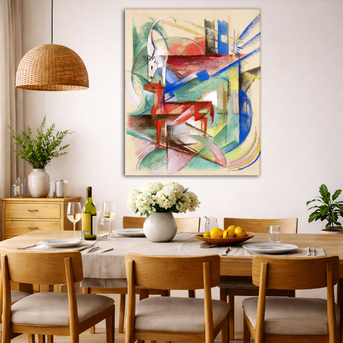 Franz Marc - Landscape with Animals Giclée canvas wall art displayed in a dining room interior