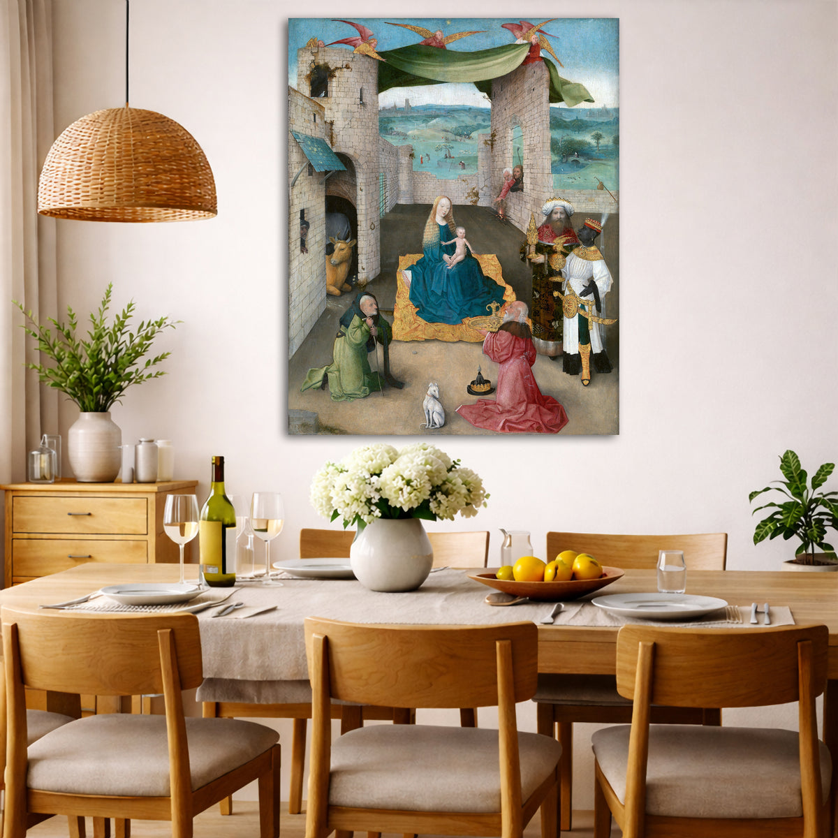 Hieronymus Bosch - Adoration of Magi Giclée canvas wall art displayed in a dining room interior