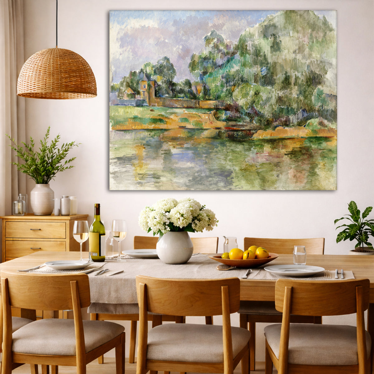 Paul Cézanne - Riverbank Giclée canvas wall art displayed in a dining room interior