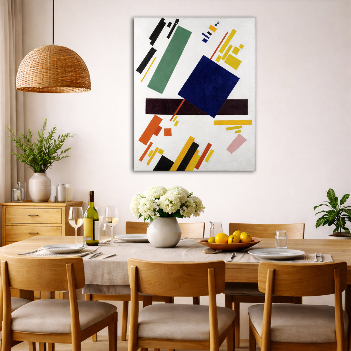 Kazimir Malevich - Suprematist Composition Lot.6 Giclée canvas wall art displayed in a dining room interior