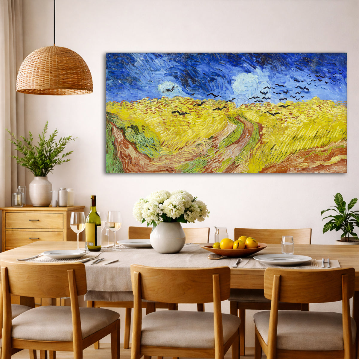 Vincent van Gogh - Wheatfield with Crows Giclée canvas wall art displayed in a dining room interior