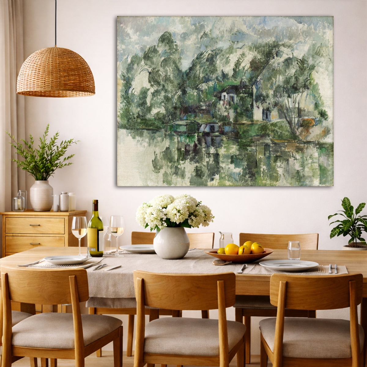 Paul Cézanne - By the Water's Edge Giclée canvas wall art displayed in a dining room interior