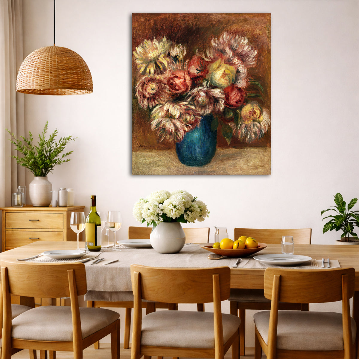 Pierre-Auguste Renoir - Flowers in a Green Vase Giclée canvas wall art displayed in a dining room interior