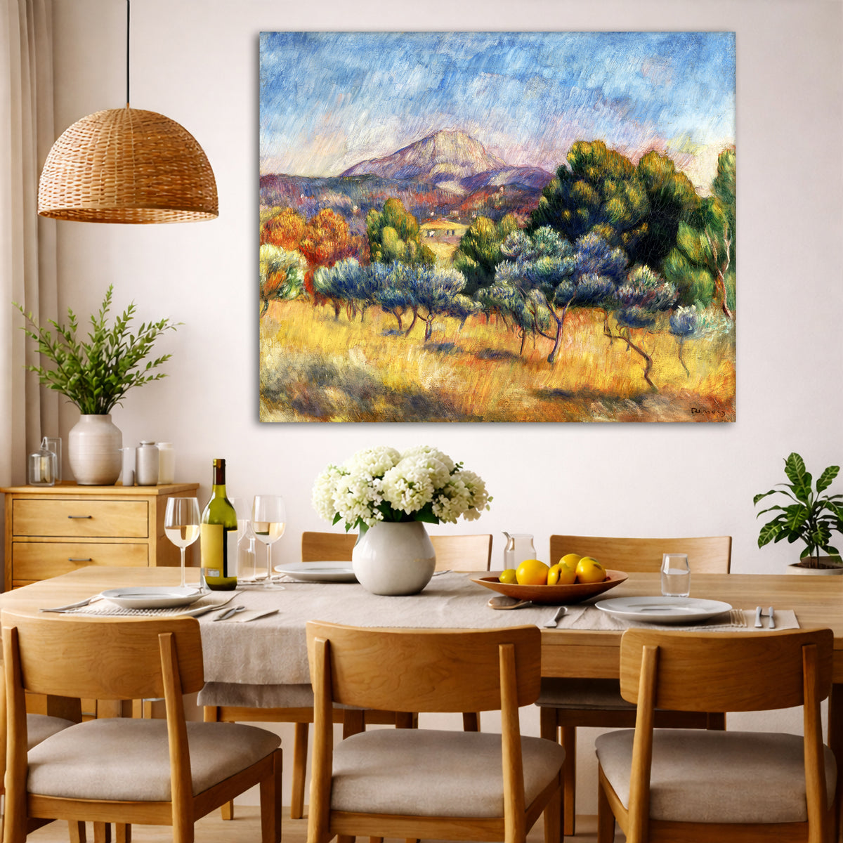 Pierre-Auguste Renoir - Mountain Sainte-Victoire Giclée canvas wall art displayed in a dining room interior