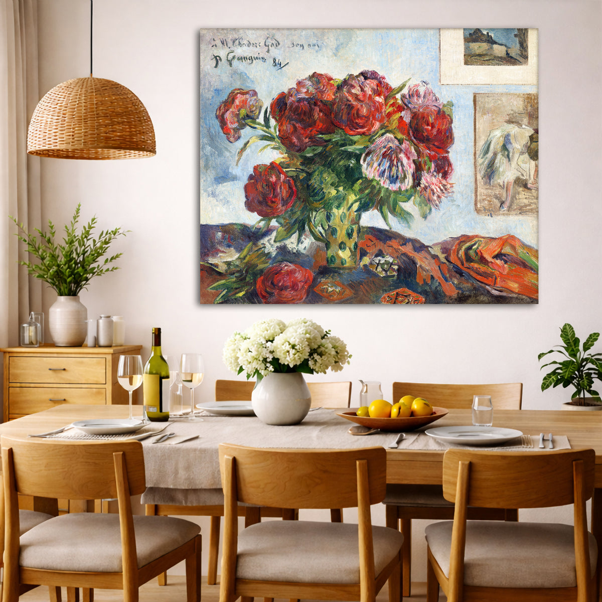 Paul Gauguin - Still Life with Peonies Giclée canvas wall art displayed in a dining room interior