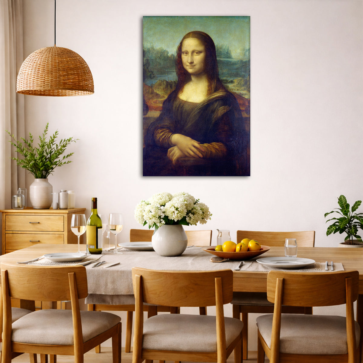 Leonardo Da Vinci - Monalisa Giclée canvas wall art displayed in a dining room interior