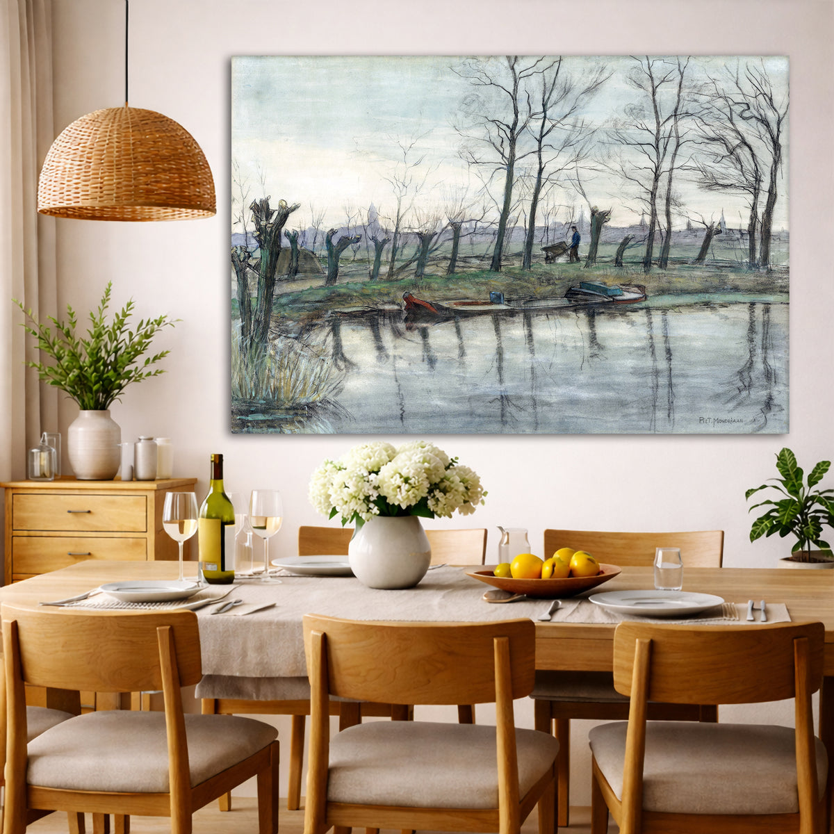 Piet Mondrian - Amsterdam Skyline Giclée canvas wall art displayed in a dining room interior