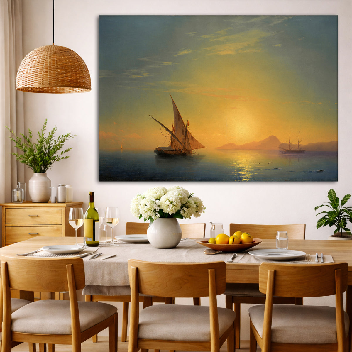Ivan Aivazovsky - Ischia Island at Sunset Giclée canvas wall art displayed in a dining room interior