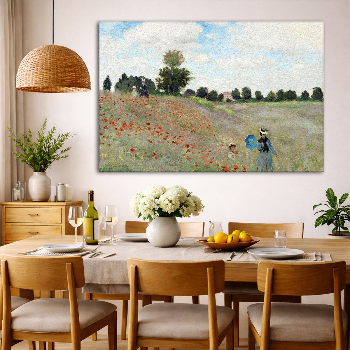 Claude Monet - Poppy Field Giclée canvas wall art displayed in a dining room interior