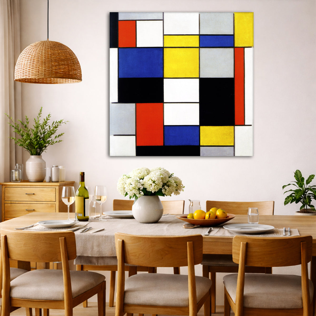 Piet Mondrian - Composition A Giclée canvas wall art displayed in a dining room interior