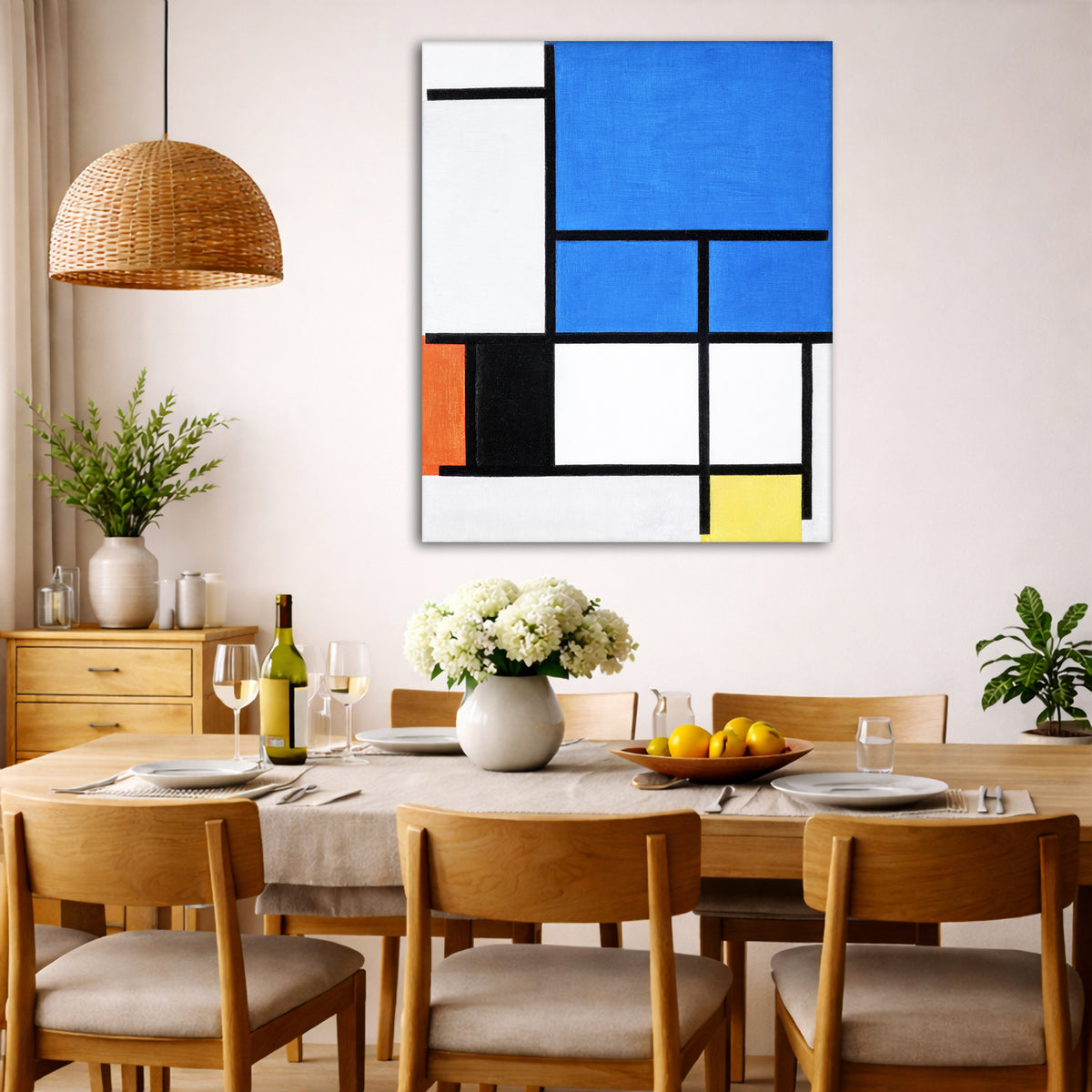 Piet Mondrian - Composition with Large Blue Plane, Red, Black Giclée canvas wall art displayed in a dining room interior