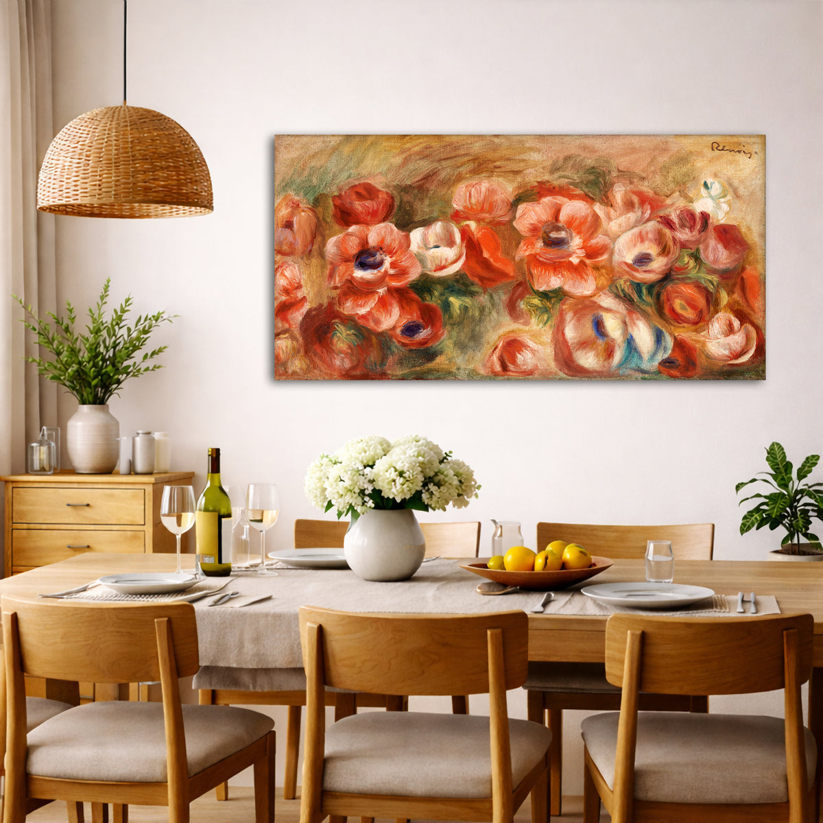 Pierre-Auguste Renoir - Anemones Giclée canvas wall art displayed in a dining room interior