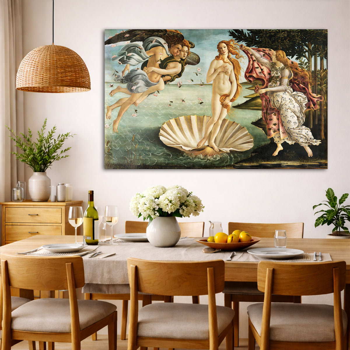 Sandro Botticelli - The Birth of Venus Giclée canvas wall art displayed in a dining room interior