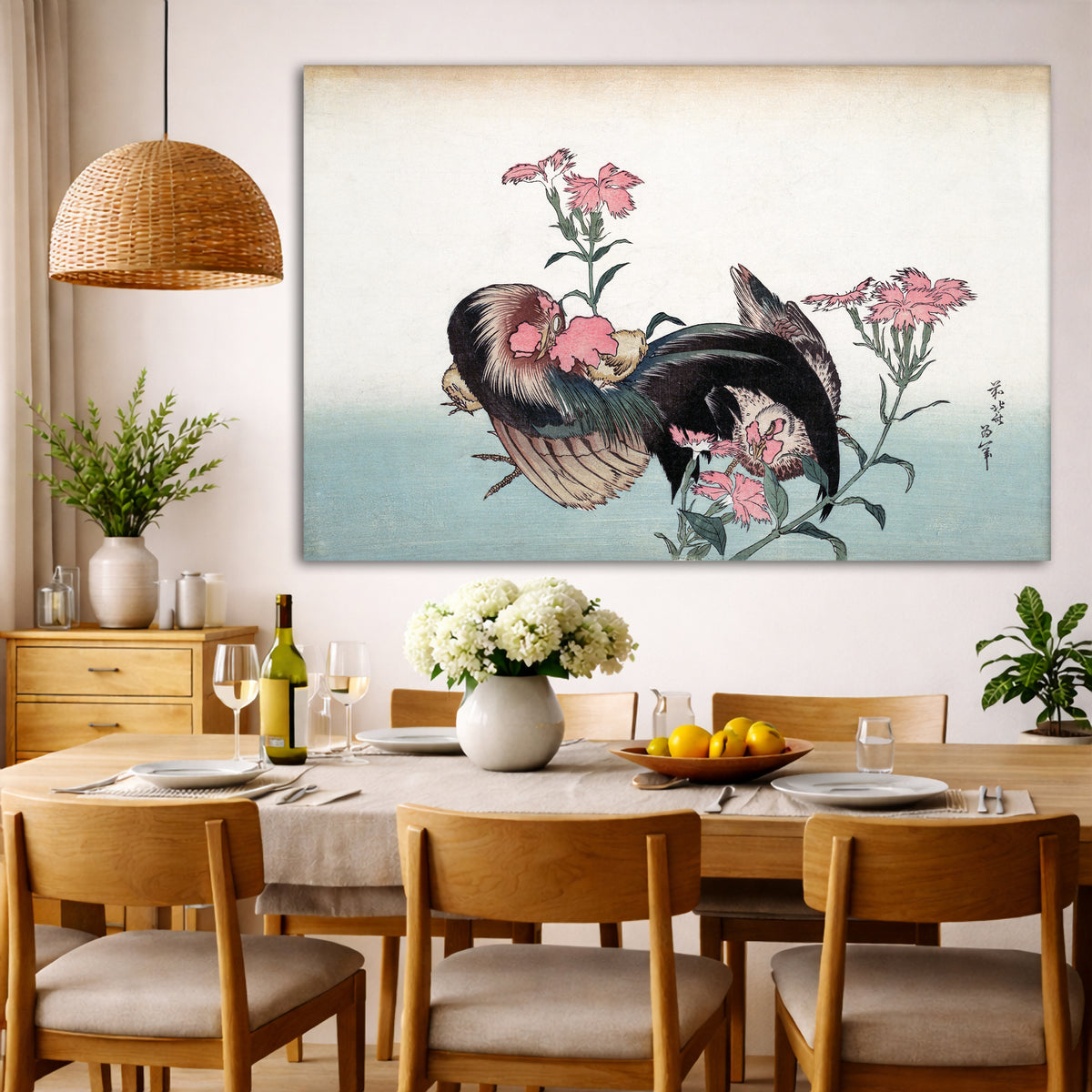 Katsushika Hokusai - Rooster and Flower Giclée canvas wall art displayed in a dining room interior