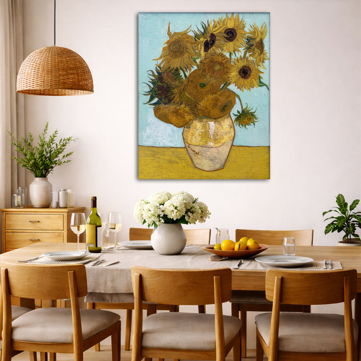 Vincent van Gogh - Sunflowers Giclée canvas wall art displayed in a dining room interior