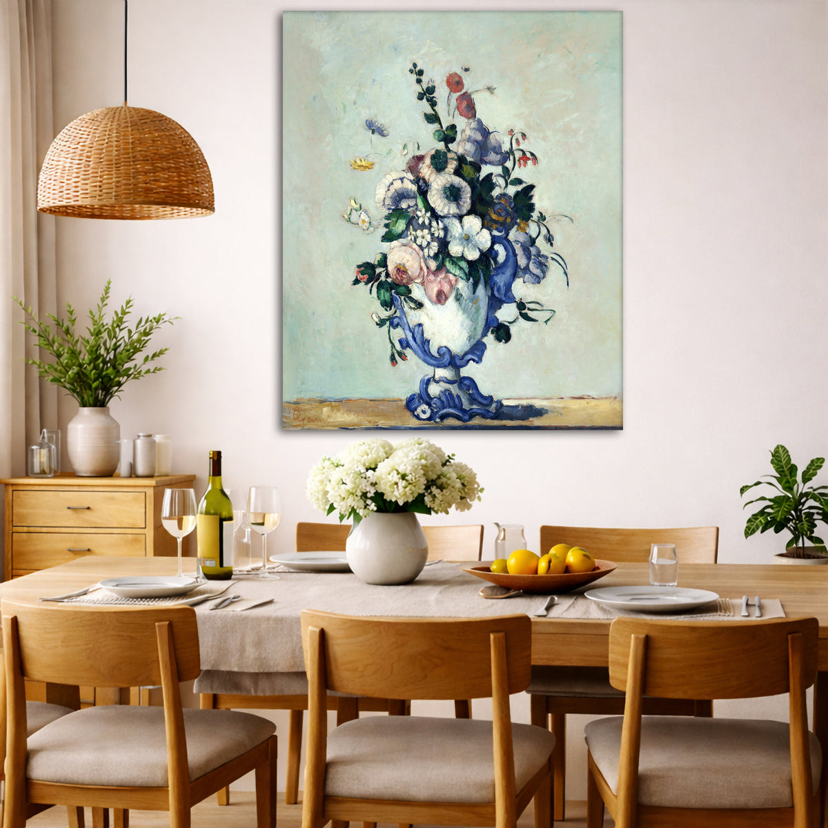 Paul Cézanne - Flowers in a Rococo Giclée canvas wall art displayed in a dining room interior