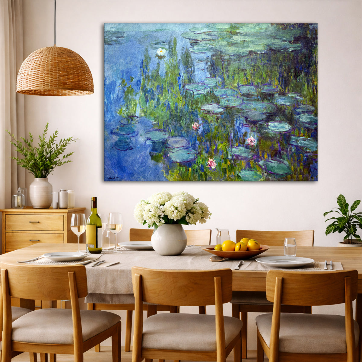 Claude Monet - Water Lilies Giclée canvas wall art displayed in a dining room interior