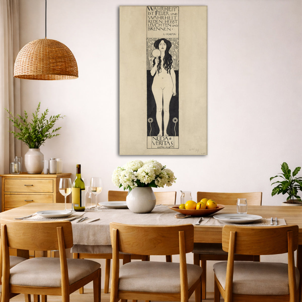 Gustav Klimt - Nuda Veritas Giclée canvas wall art displayed in a dining room interior