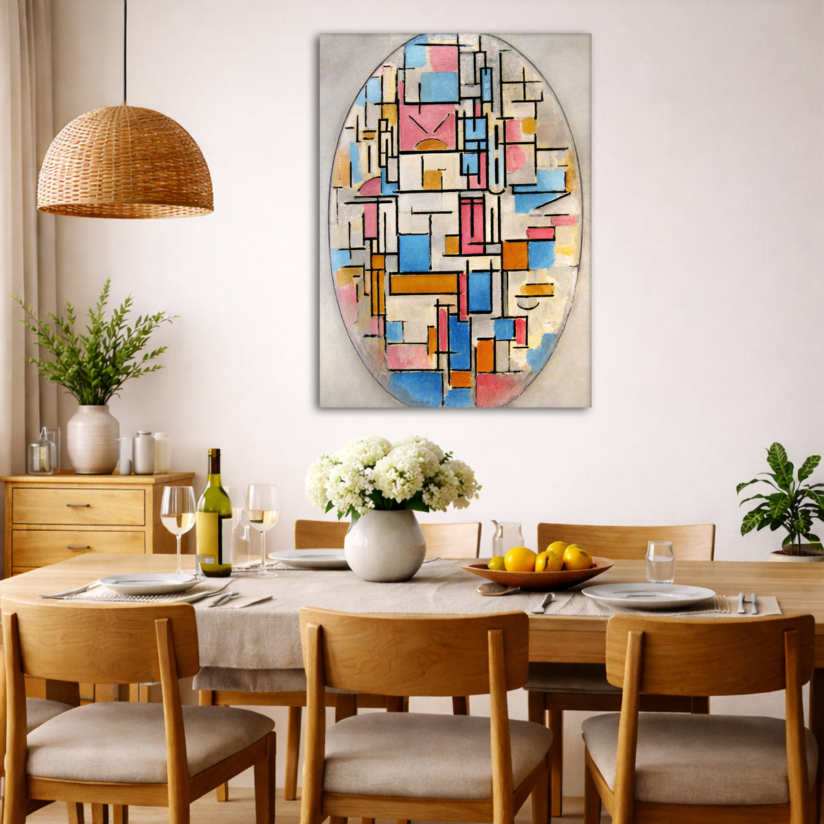 Piet Mondrian - Composition in Oval with Color Planes 1 Giclée canvas wall art displayed in a dining room interior