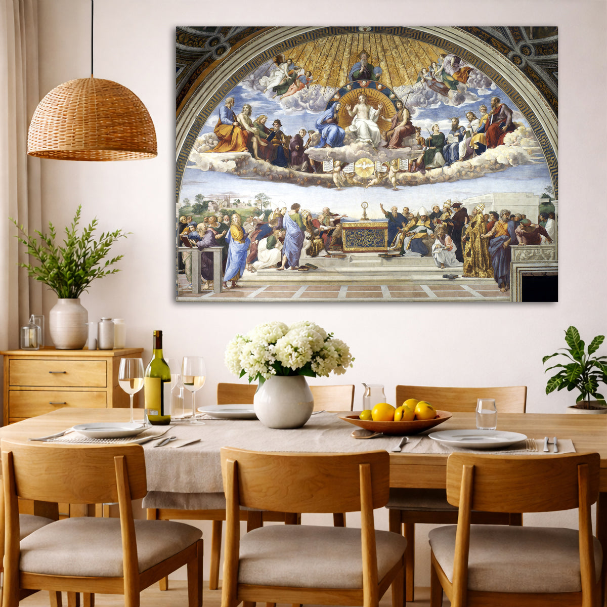 Raphael - Disputa del Sacramento Giclée canvas wall art displayed in a dining room interior