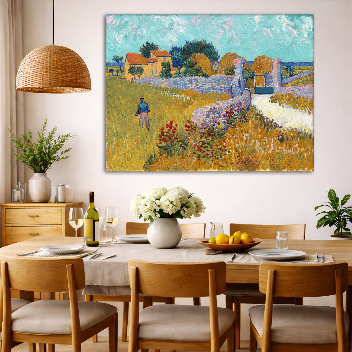 Vincent van Gogh - Farmhouse in Provence Giclée canvas wall art displayed in a dining room interior