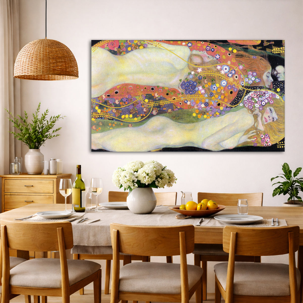 Gustav Klimt - Water Serpents II Giclée canvas wall art displayed in a dining room interior