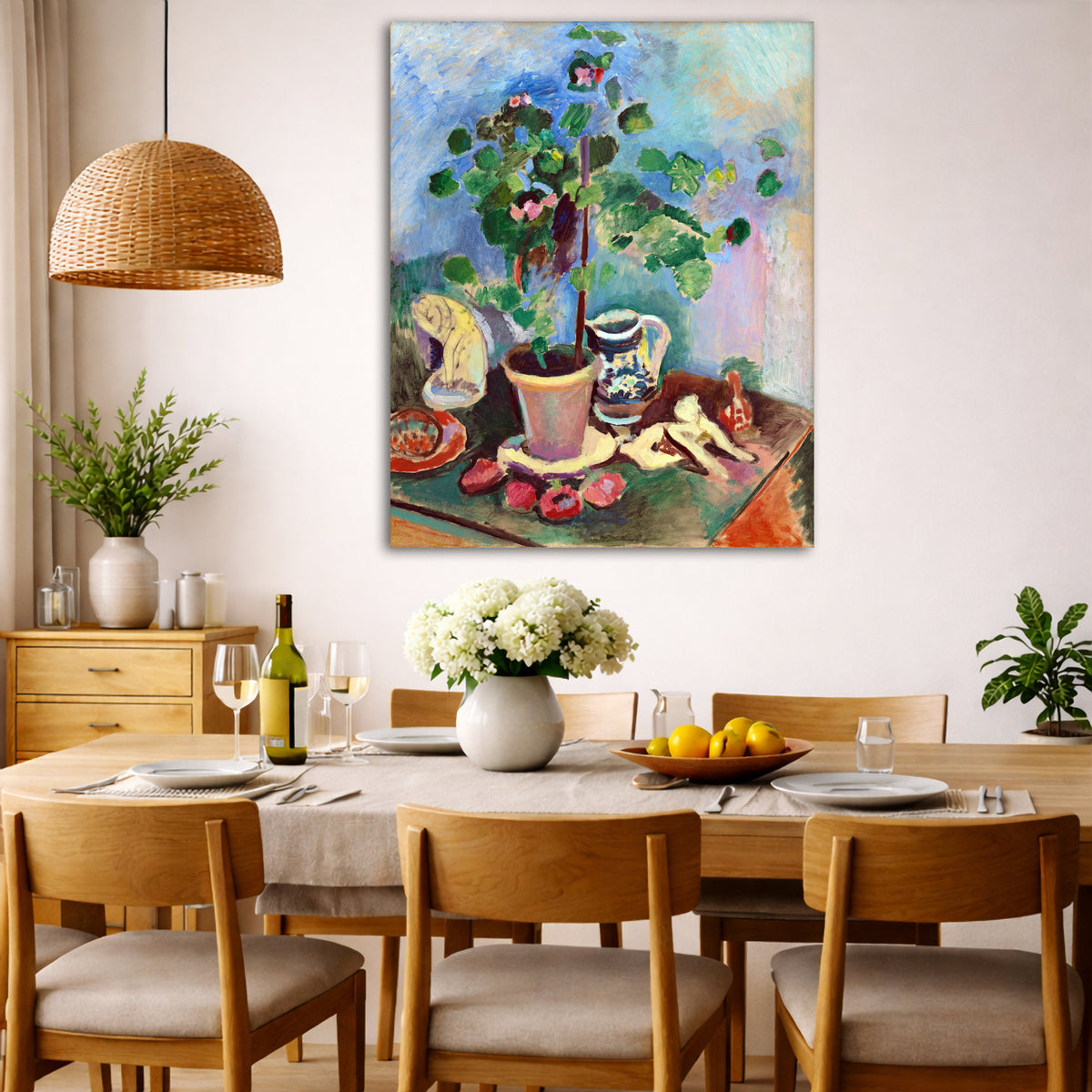 Henri Matisse - Geranium Giclée canvas wall art displayed in a dining room interior