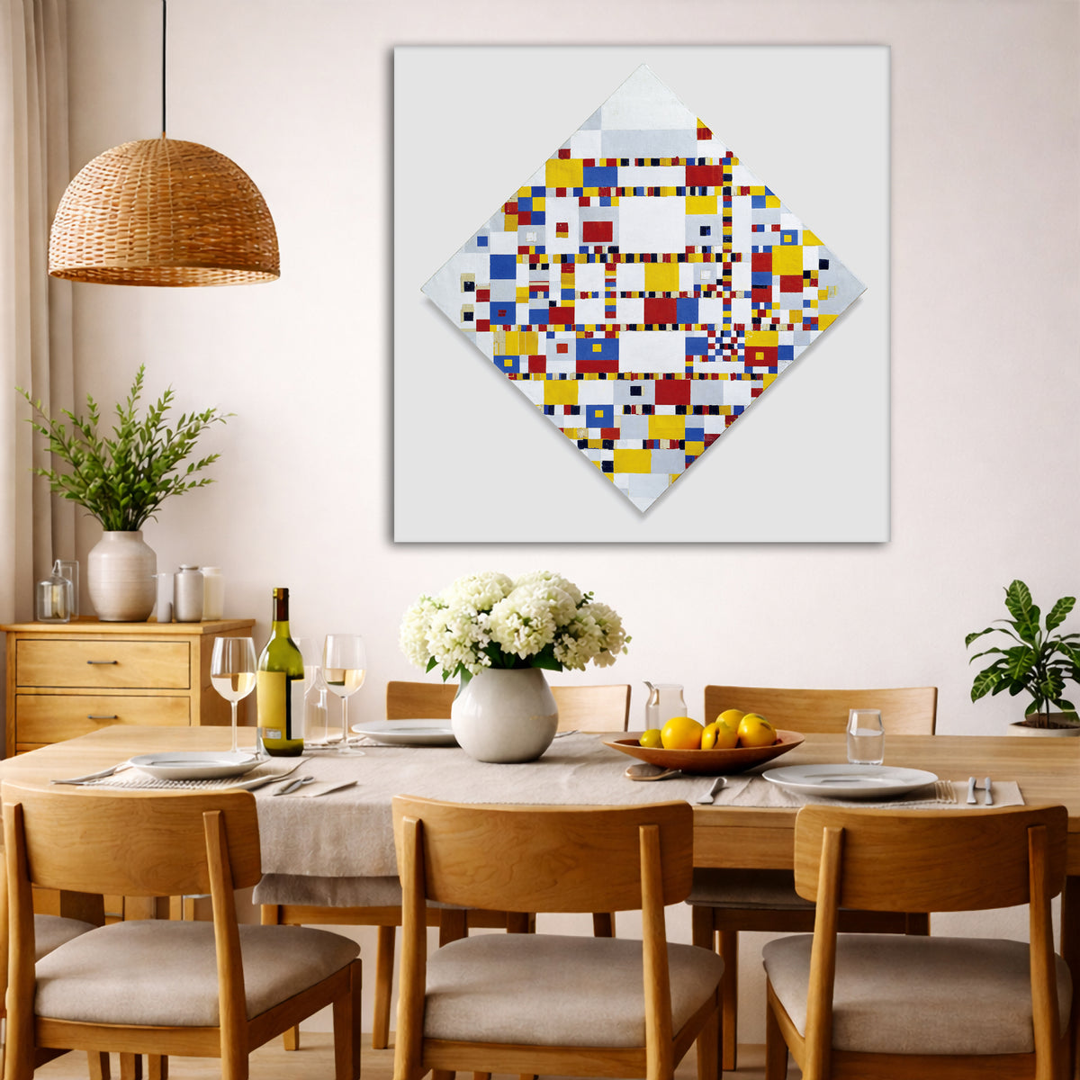Piet Mondrian - Victory Boogie Woogie Giclée canvas wall art displayed in a dining room interior