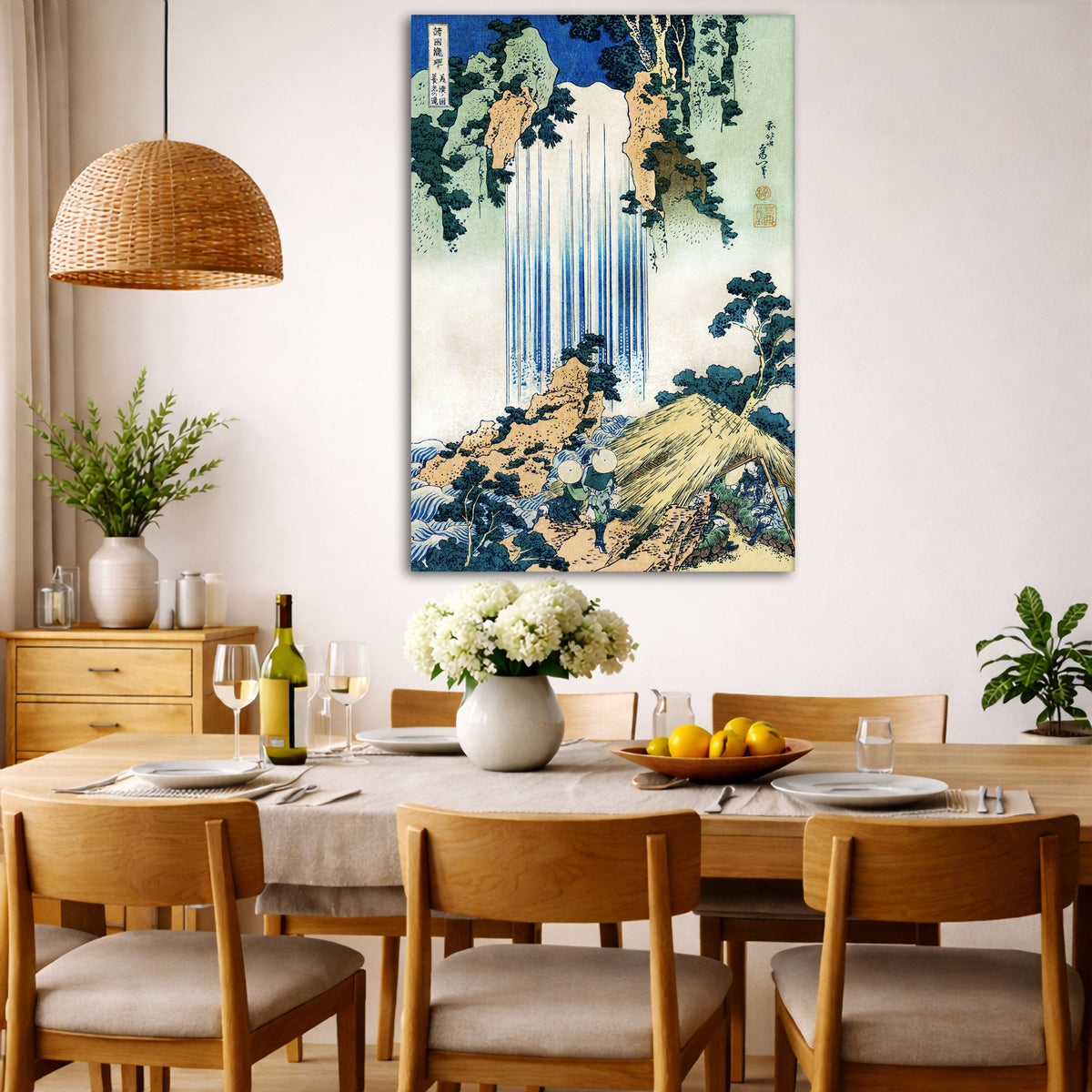 Katsushika Hokusai - Yoro Waterfall Giclée canvas wall art displayed in a dining room interior