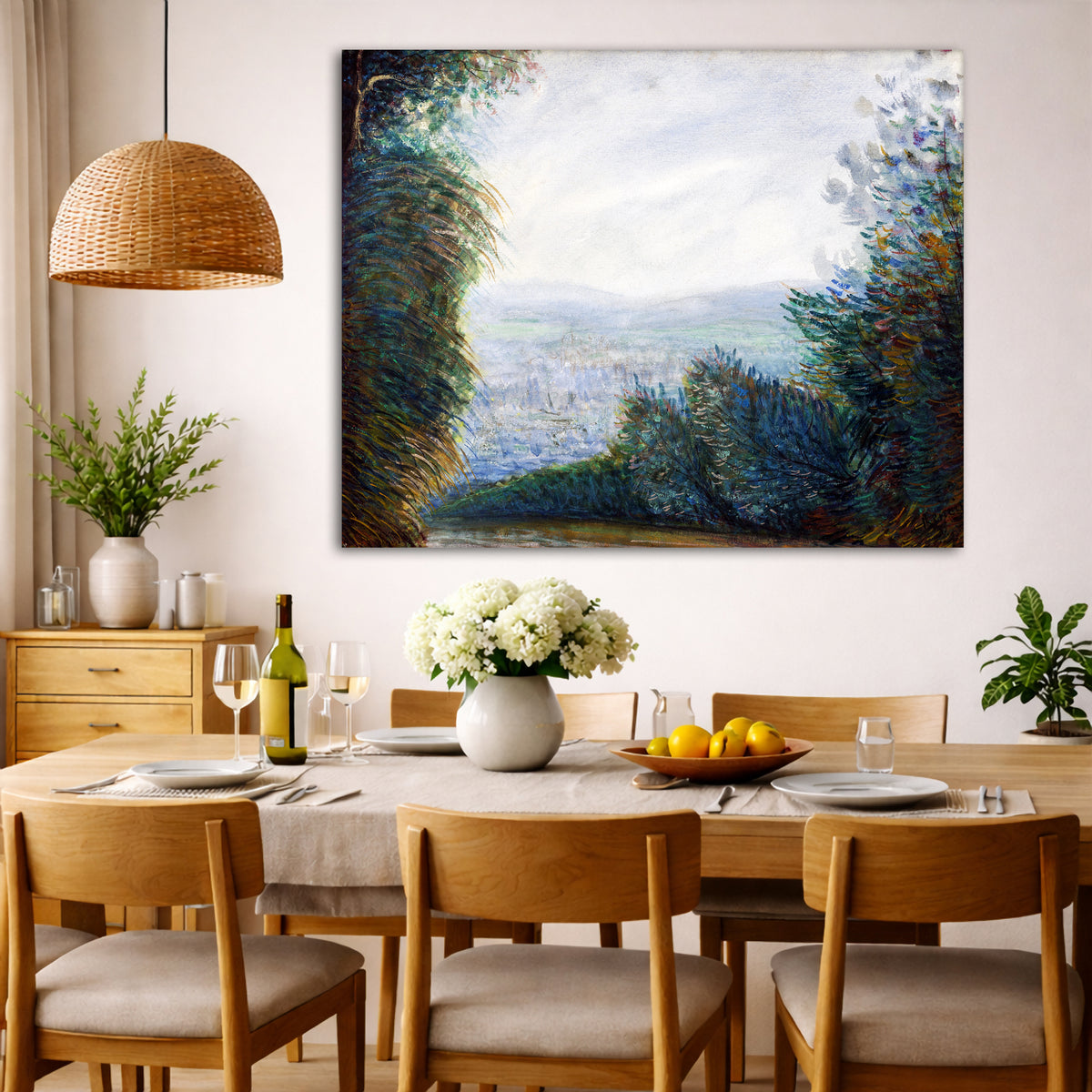 Pierre-Auguste Renoir - Valley of Auvers Oise River Giclée canvas wall art displayed in a dining room interior