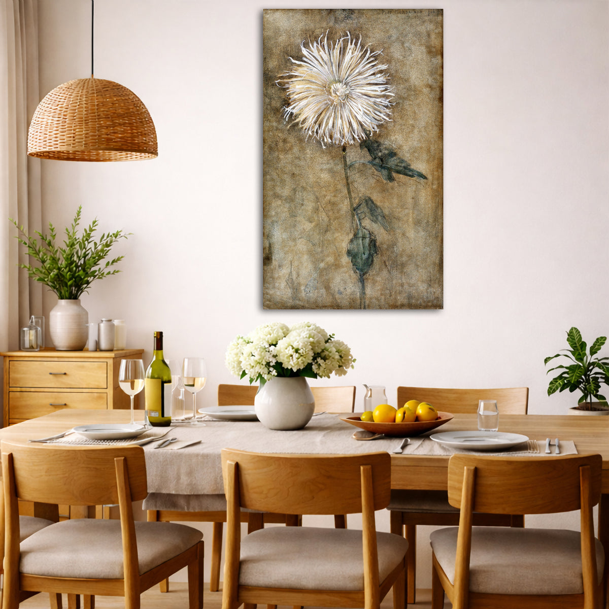 Piet Mondrian - Chrysanthemum Giclée canvas wall art displayed in a dining room interior