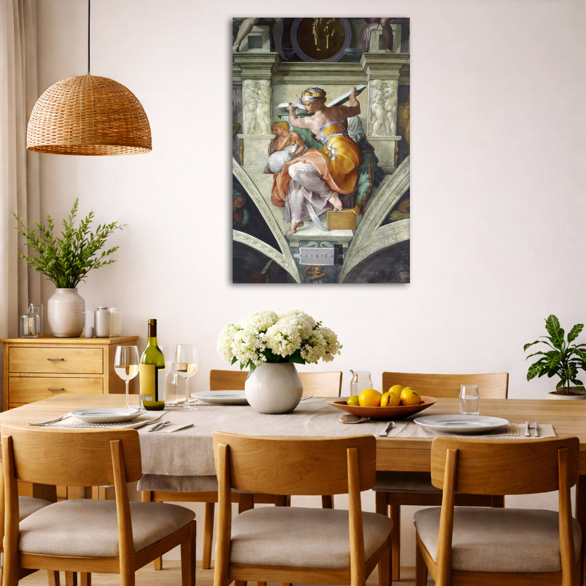Michelangelo - Libyan Sibyl Giclée canvas wall art displayed in a dining room interior