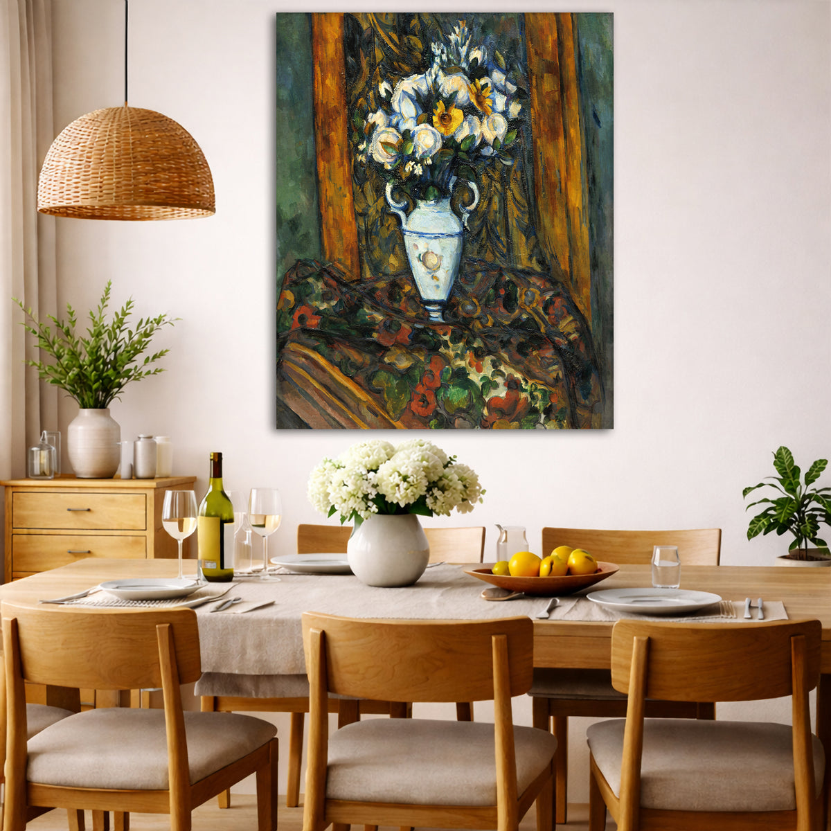 Paul Cézanne - Vase of Flowers Giclée canvas wall art displayed in a dining room interior