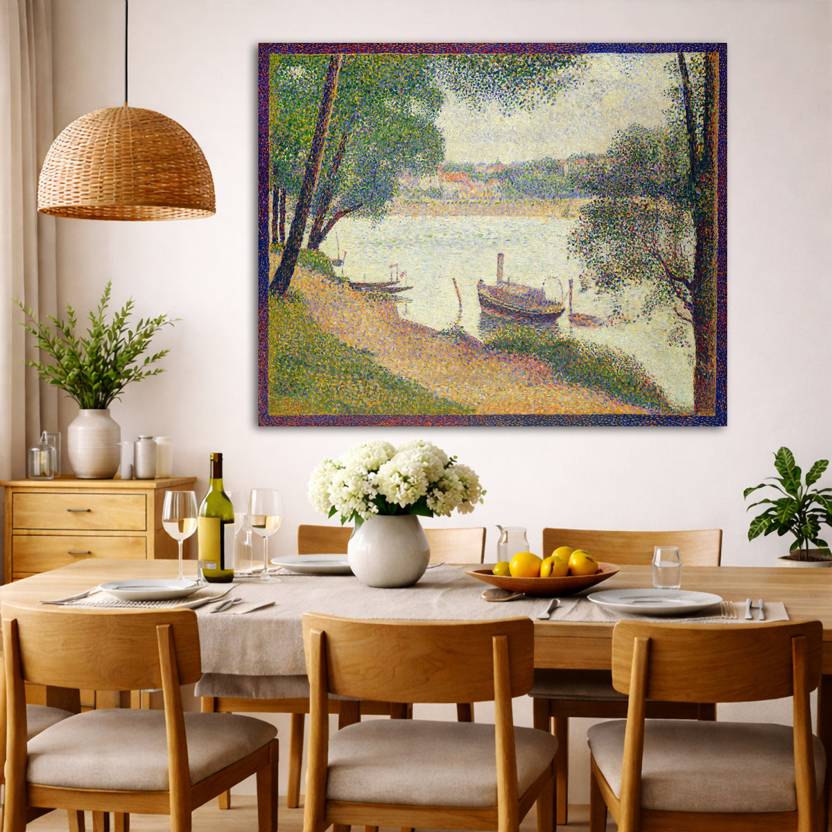 Georges Seurat - Gray Weather Giclée canvas wall art displayed in a dining room interior