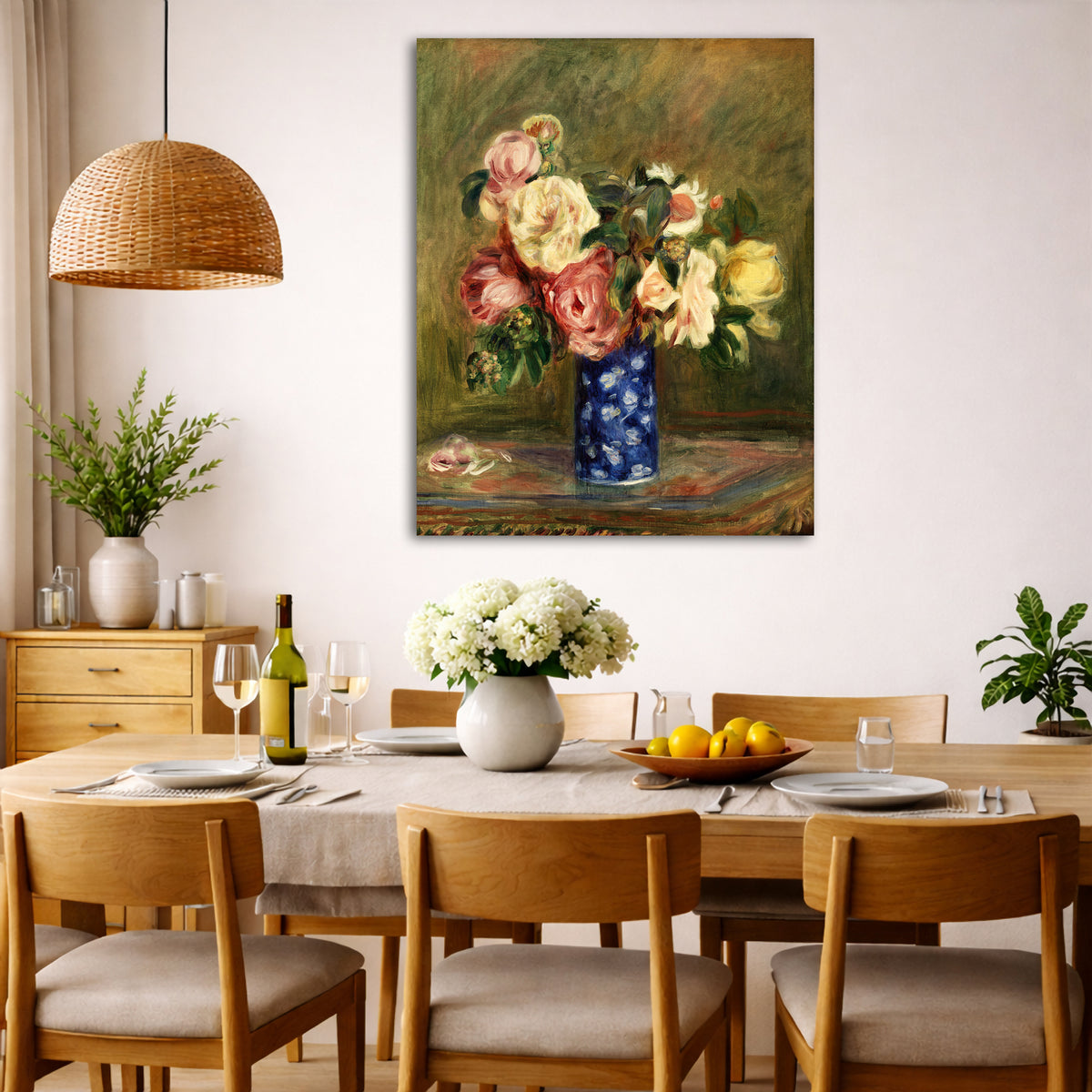 Pierre-Auguste Renoir - Bouquet of Roses Giclée canvas wall art displayed in a dining room interior