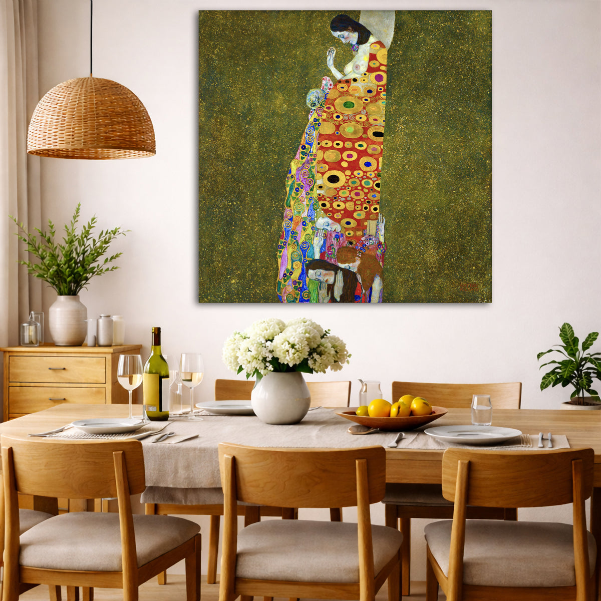 Gustav Klimt - Hope II Giclée canvas wall art displayed in a dining room interior