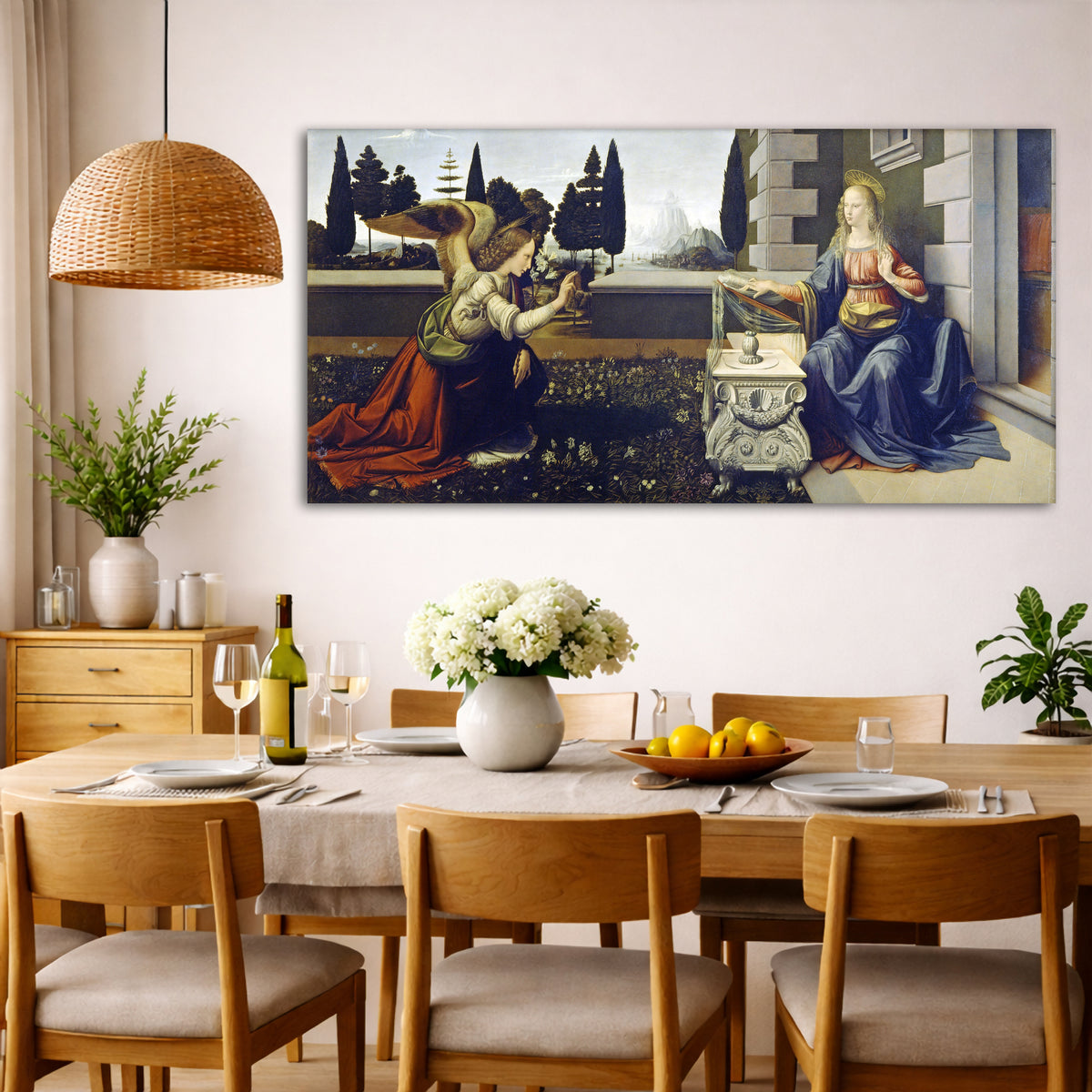 Leonardo Da Vinci - Annunciation Giclée canvas wall art displayed in a dining room interior