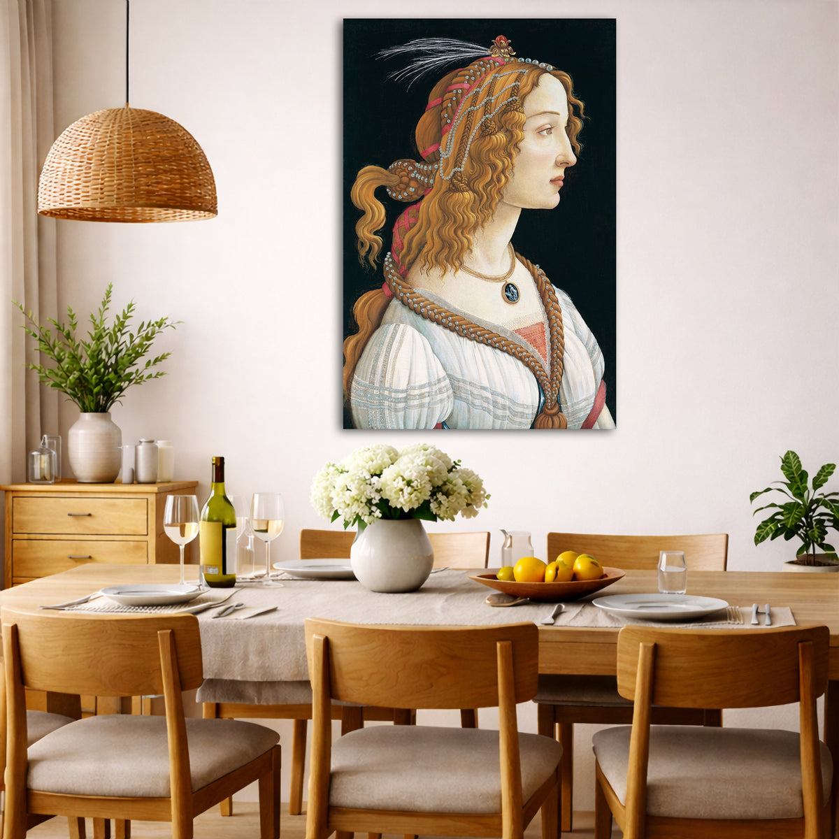 Sandro Botticelli - Idealized Portrait of a Lady Giclée canvas wall art displayed in a dining room interior