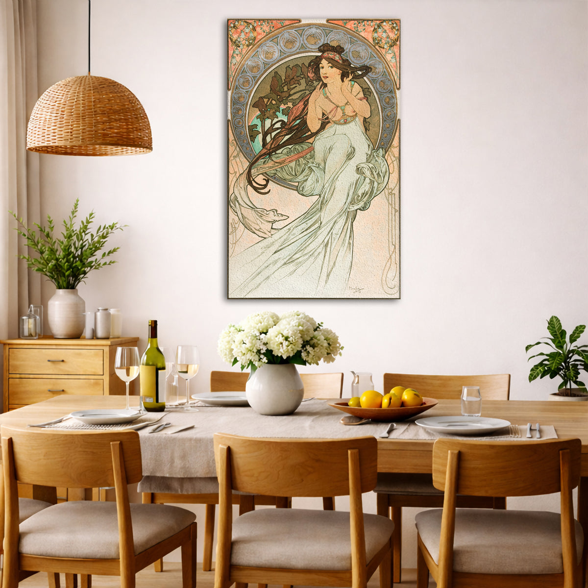 Alphonse Mucha - – Music Giclée canvas wall art displayed in a dining room interior
