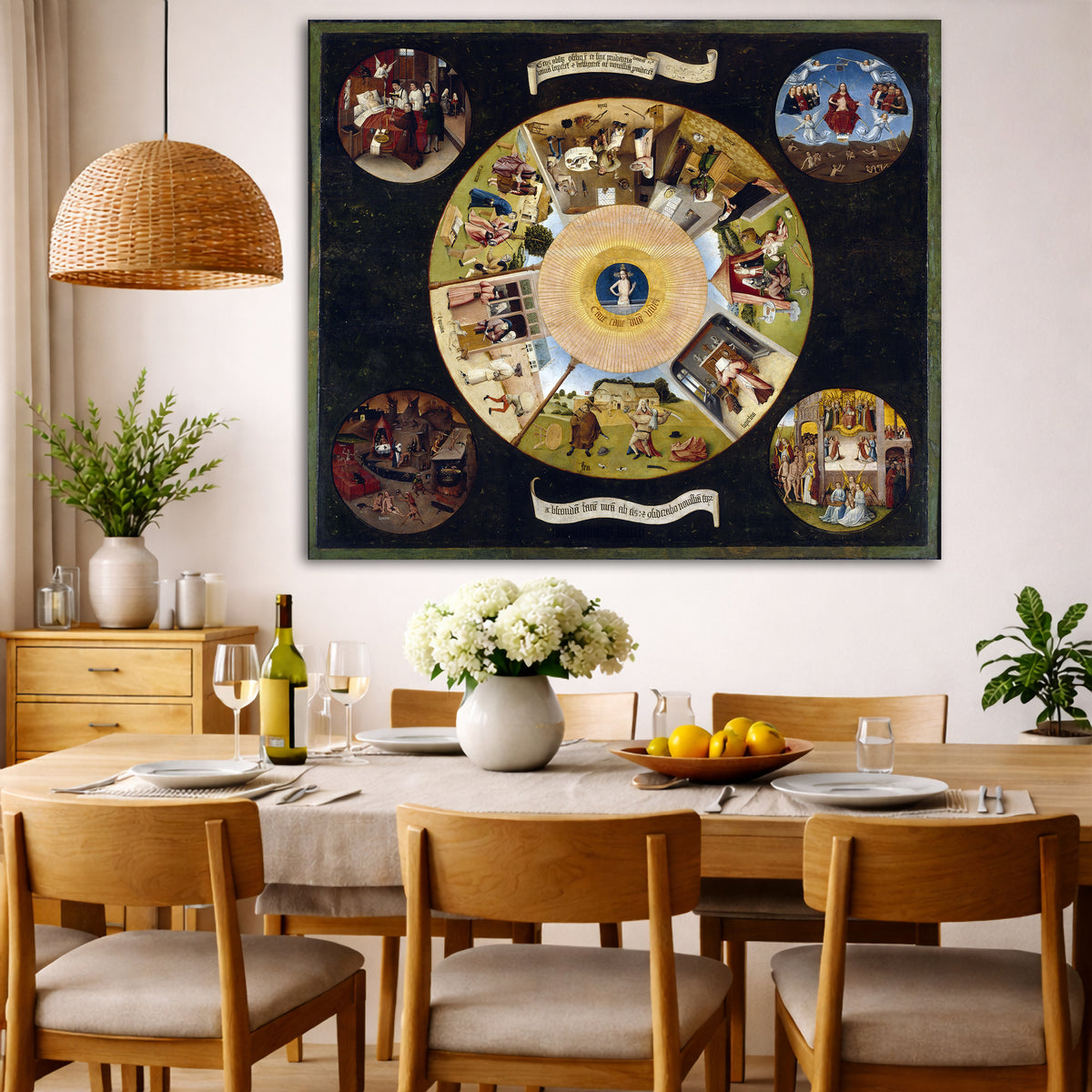 Hieronymus Bosch - Seven Deadly Sins Giclée canvas wall art displayed in a dining room interior