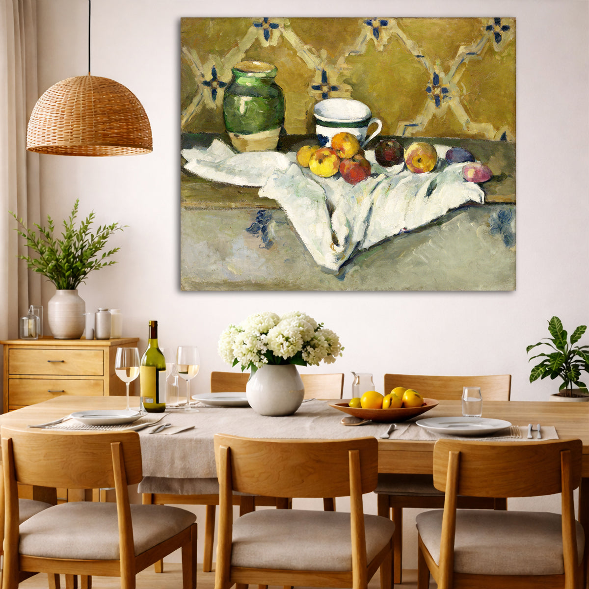 Paul Cézanne - Still Life with Pot, Cup, and Apples Giclée canvas wall art displayed in a dining room interior