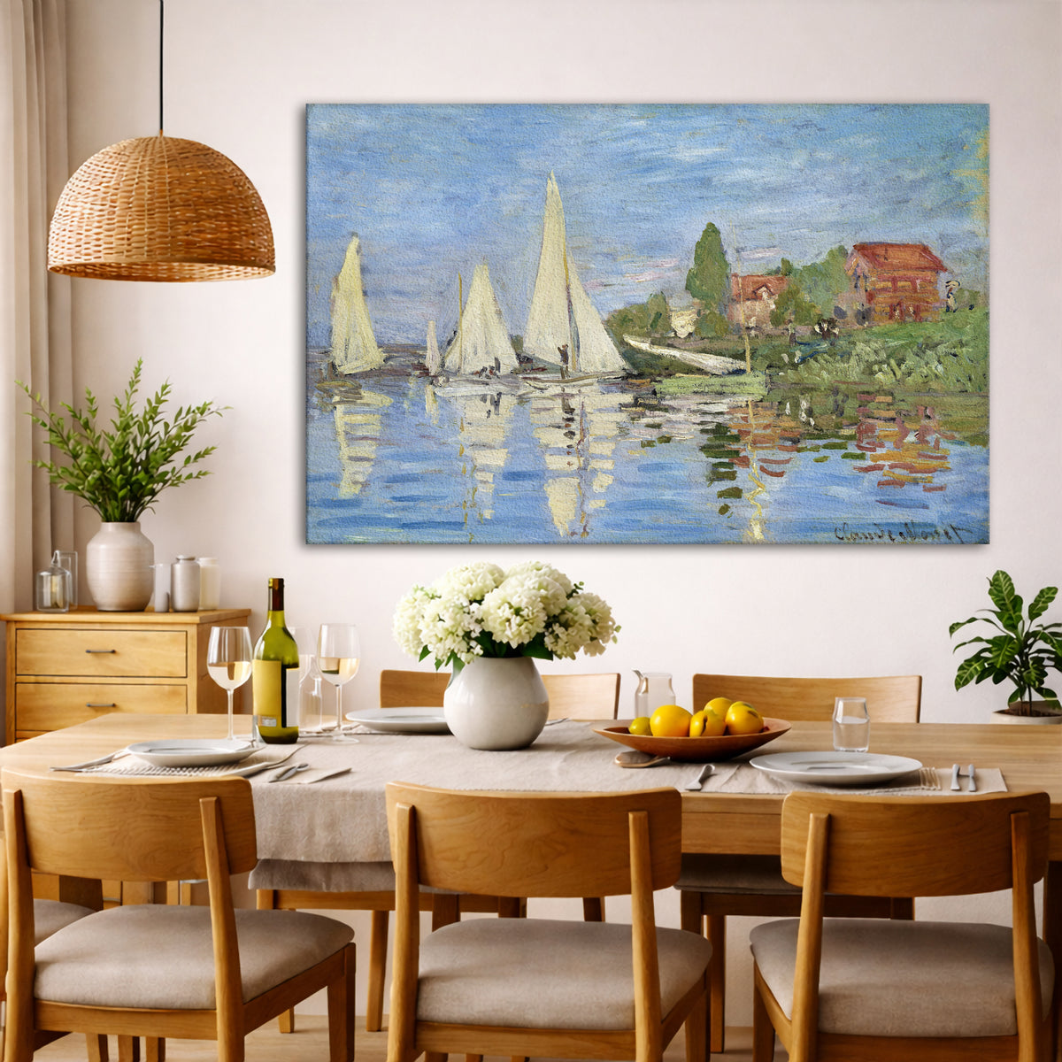 Claude Monet - Regatta at Argenteuil Giclée canvas wall art displayed in a dining room interior