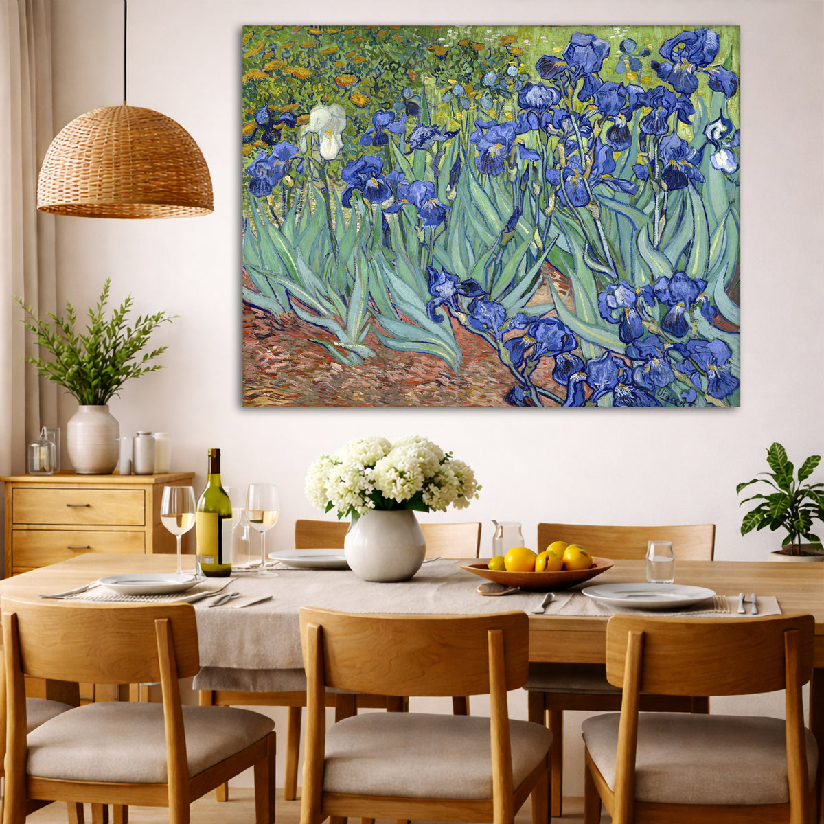 Vincent van Gogh - Irises (1889) Giclée canvas wall art displayed in a dining room interior