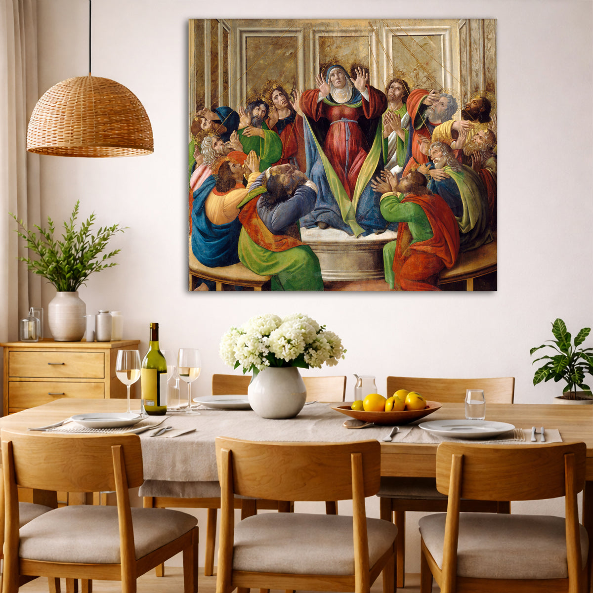 Sandro Botticelli - Descent of the Holy Spirit Giclée canvas wall art displayed in a dining room interior