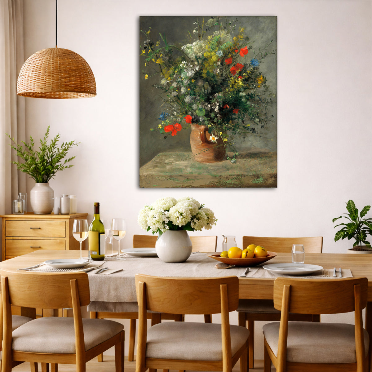 Pierre-Auguste Renoir - Flowers in a Vase Giclée canvas wall art displayed in a dining room interior