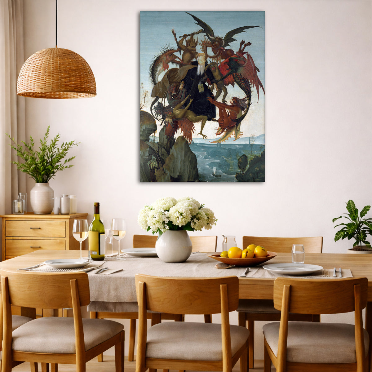 Michelangelo - Torment of St Anthony Giclée canvas wall art displayed in a dining room interior