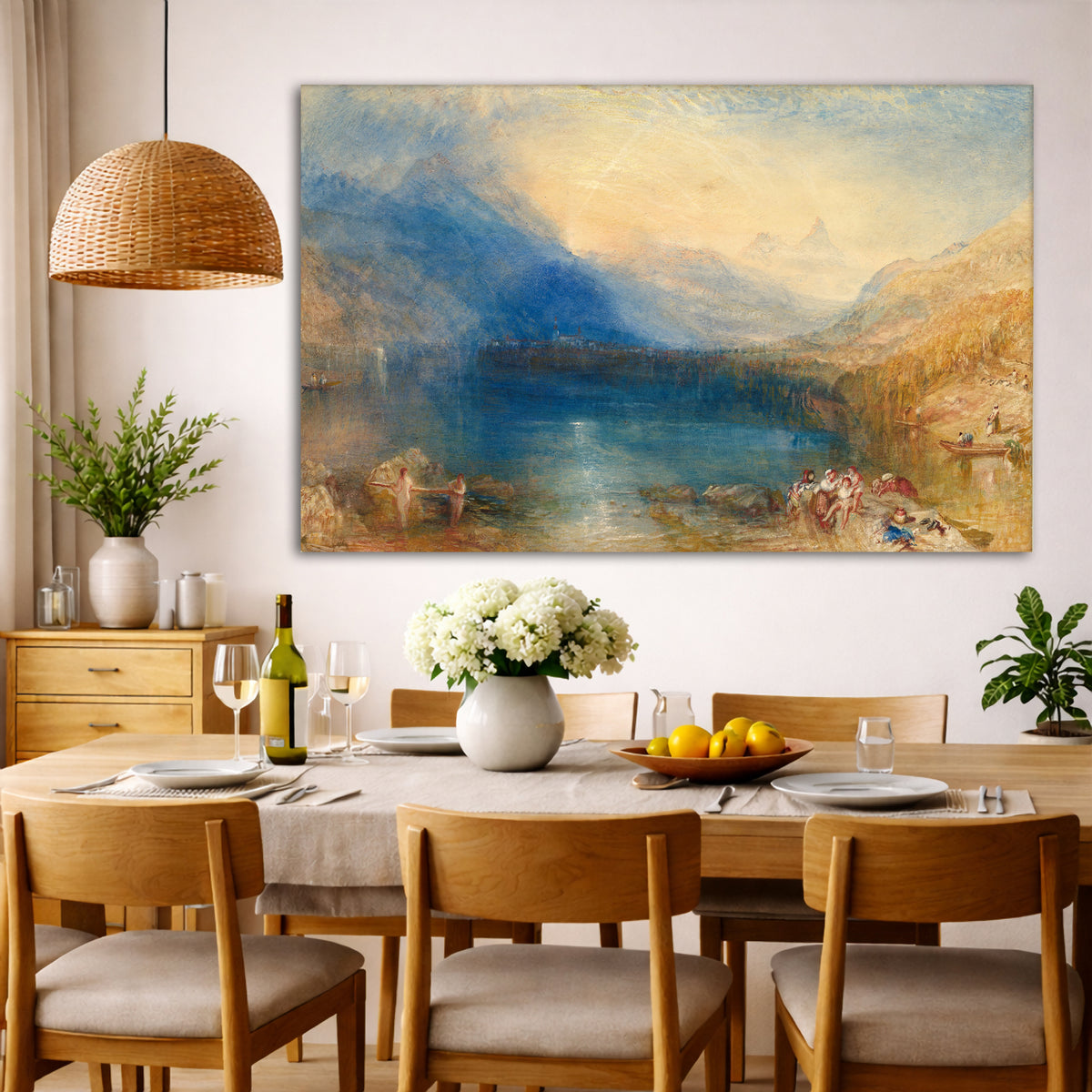 William Turner - The Lake of Zug Giclée canvas wall art displayed in a dining room interior