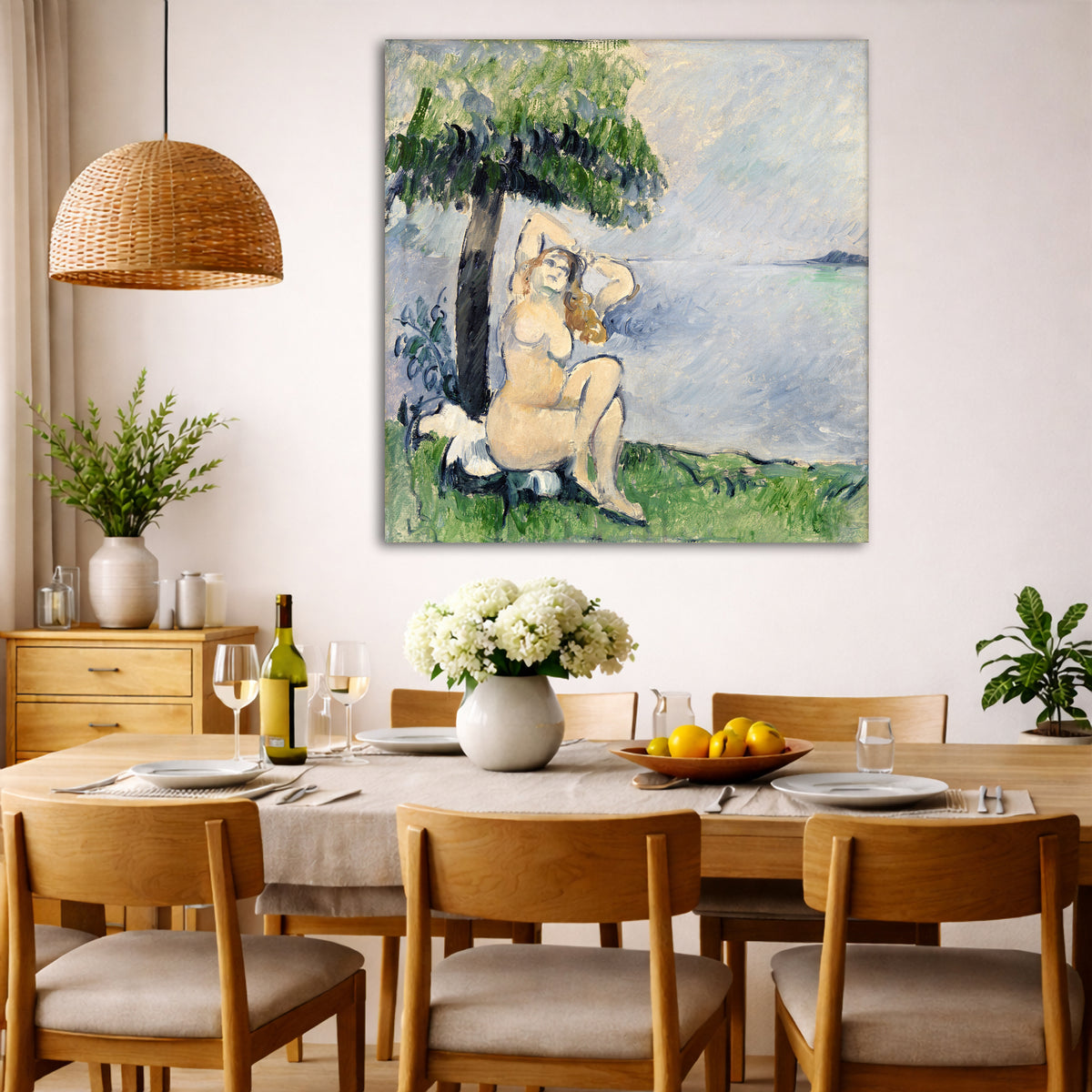 Paul Cézanne - Bather at the Seashore Giclée canvas wall art displayed in a dining room interior
